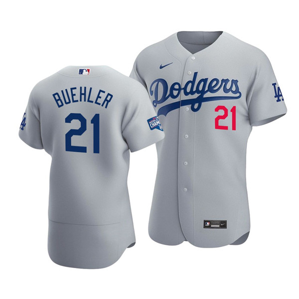 Men's Los Angeles Dodgers #21 Walker Buehler 2020 Grey World Series Champions Patch Flex Base Sttiched MLB Jersey